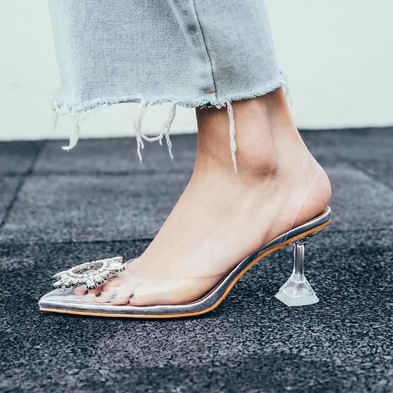 Изображение товара: Летние сандалии на высоком каблуке, прозрачные Серебристые сандалии стразы с острым носком из ПВХ, бесплатная доставка, модные женские сандалии, новый дизайн