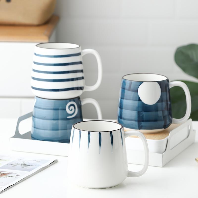 Изображение товара: Керамическая кружка TECHOME в классическом стиле для дома и офиса, большая емкость 500 мл, чашка для воды, белая, голубая, синяя чашка с принтом, кружка для молока, кофейная чашка, кружки
