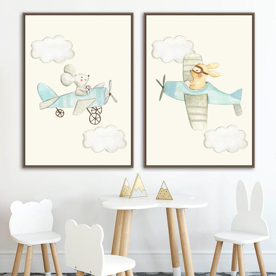 Изображение товара: Одежда с рисунками самолетов и Мышь с лисьим и кроличьим облако Wall Art Холст Картина Nordic Плакаты и принты настенные картины для детской комнаты настенный Декор