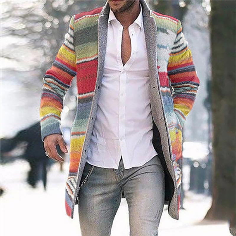 Изображение товара: Мужское шерстяное пальто, ветровка, дизайнерская однобортная куртка с принтом радуги, 2020, мужская верхняя одежда с длинными рукавами, роскошное пальто средней длины