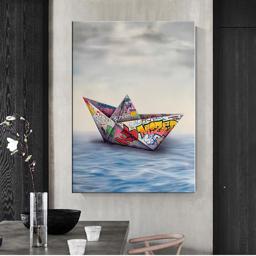 Изображение товара: Бумажные оригами лодка граффити настенное искусство холст живопись плакаты и принты настенные картины для гостиной Куадрос украшение для дома