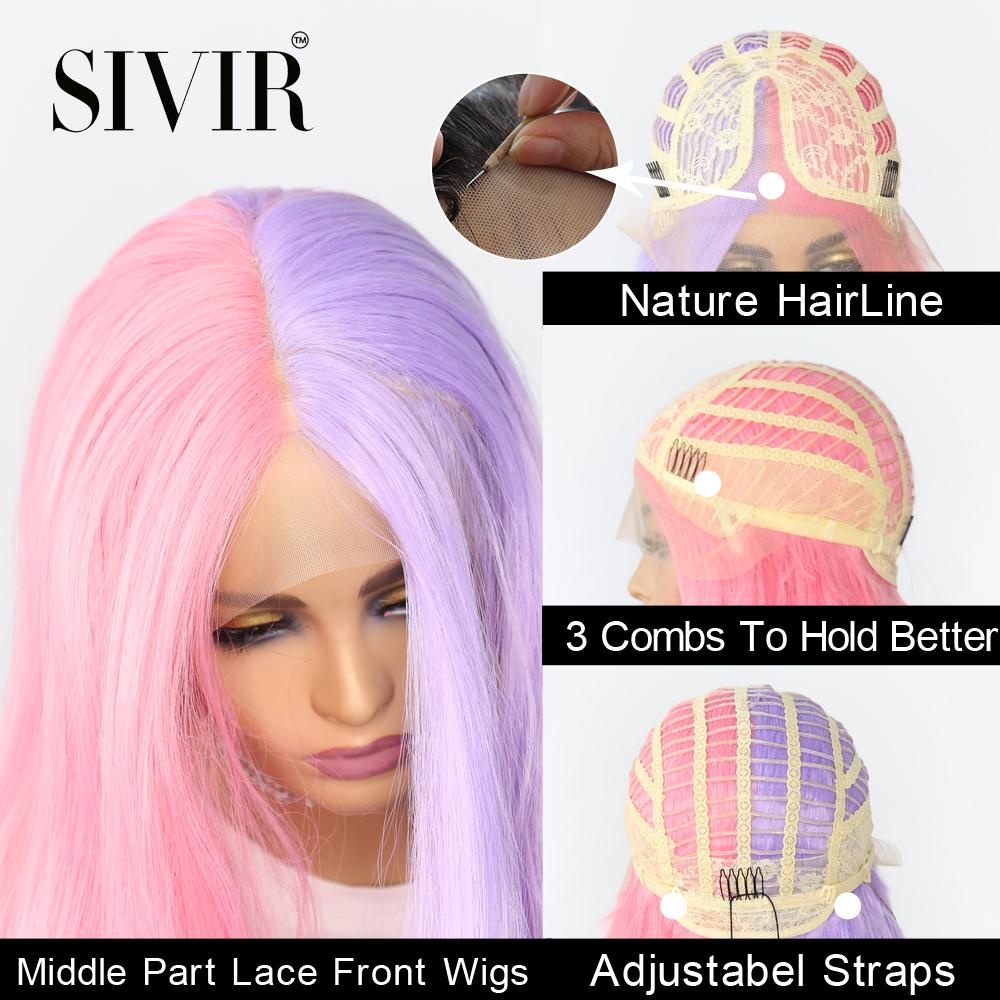Изображение товара: SIVIR синтетические волосы на сетке спереди парики натуральная линия волос половинчатые розовые полуфиолетовые синтетические бесклеевые парики на сетке для косплея