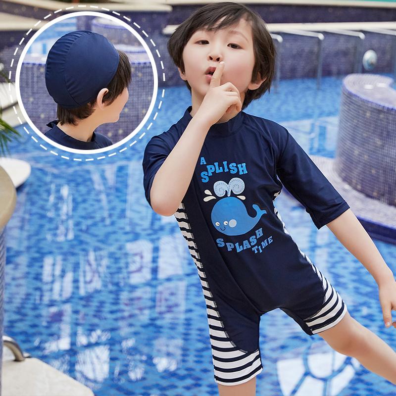Изображение товара: Теплый детский слитный купальник в Корейском стиле для мальчиков, Быстросохнущий купальник для защиты от солнца, весенний летний купальник из спандекса