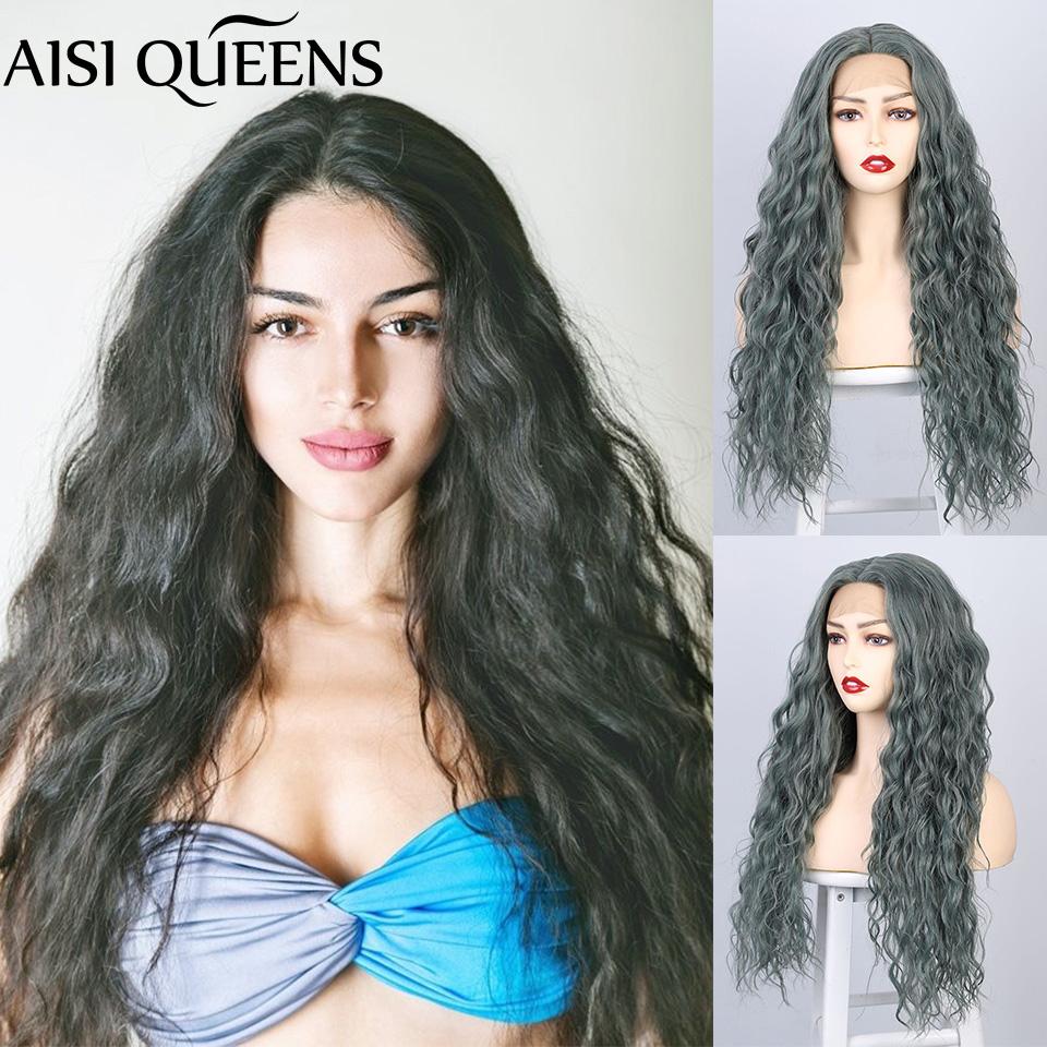 Изображение товара: AISI QUEENS Long Lace Front Wave Wigs Lake Green Synthetic Wigs for Women Natural Hand Make Middle Part High Temperature Fiber