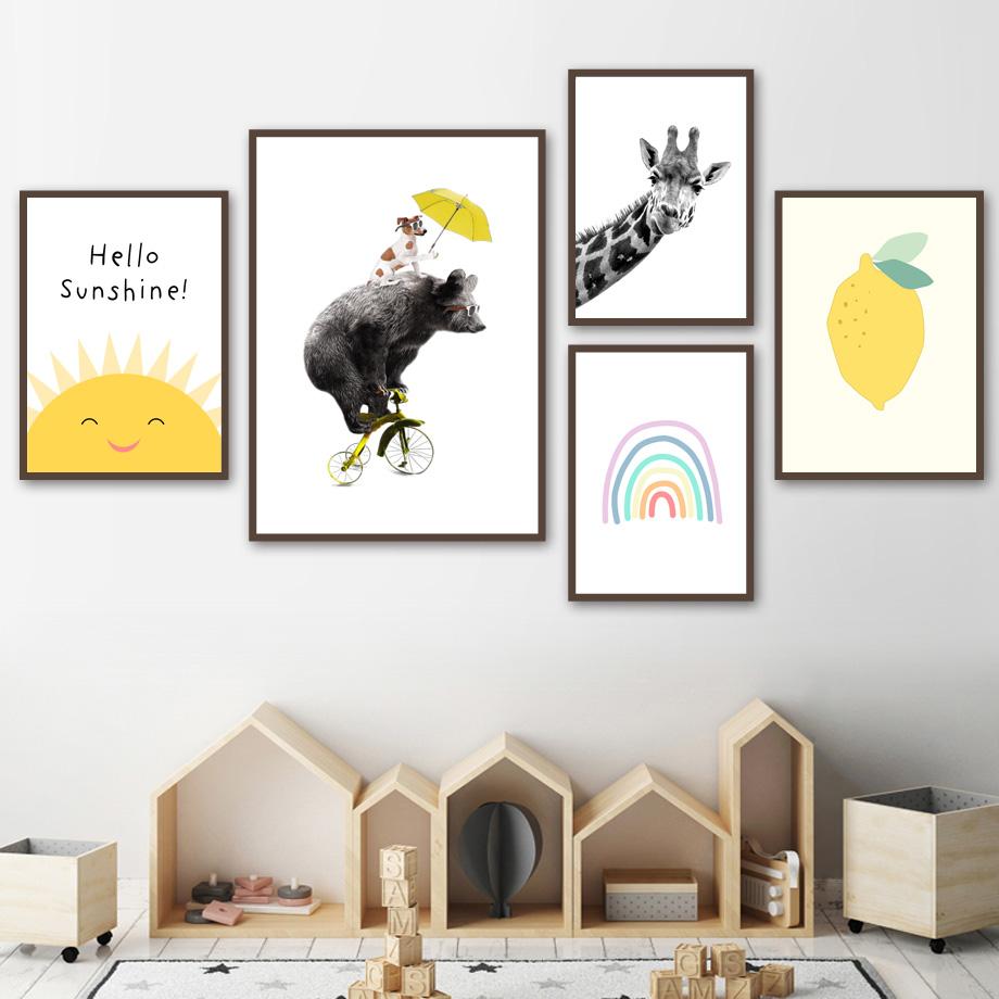 Изображение товара: Настенная Картина на холсте желтый зонт собака медведь Жираф лимон мультфильм скандинавские плакаты и принты настенные картины для детской комнаты
