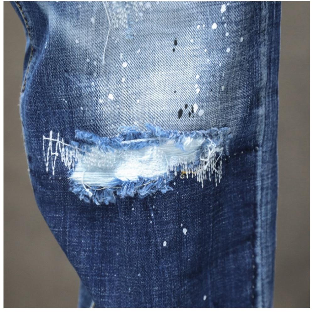 Изображение товара: Эх · МД®Мужские рваные джинсы, кожаные, украшенные подвесками, штаны в белый горошек, нарисованные буквы, тонкие хлопковые, с красными ушками, мягкие, 2021