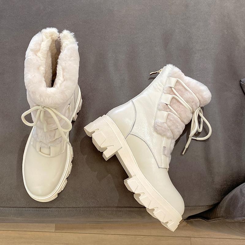 Изображение товара: Женские ботинки из натуральной кожи Asumer, на толстом меху, с круглым носком, на шнуровке, на квадратном каблуке, теплые зимние ботильоны, 2021