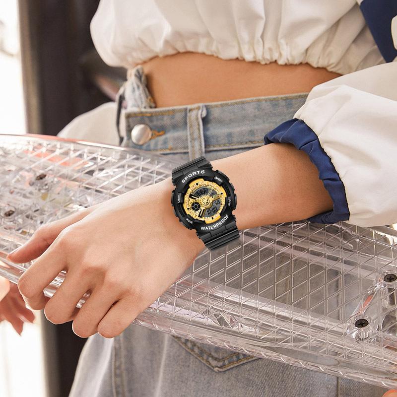 Изображение товара: OMHXZJ W166 Ins корейский стиль простой индивидуальный Водонепроницаемый Многофункциональный спортивный двойной дисплей механизм электронные женские часы