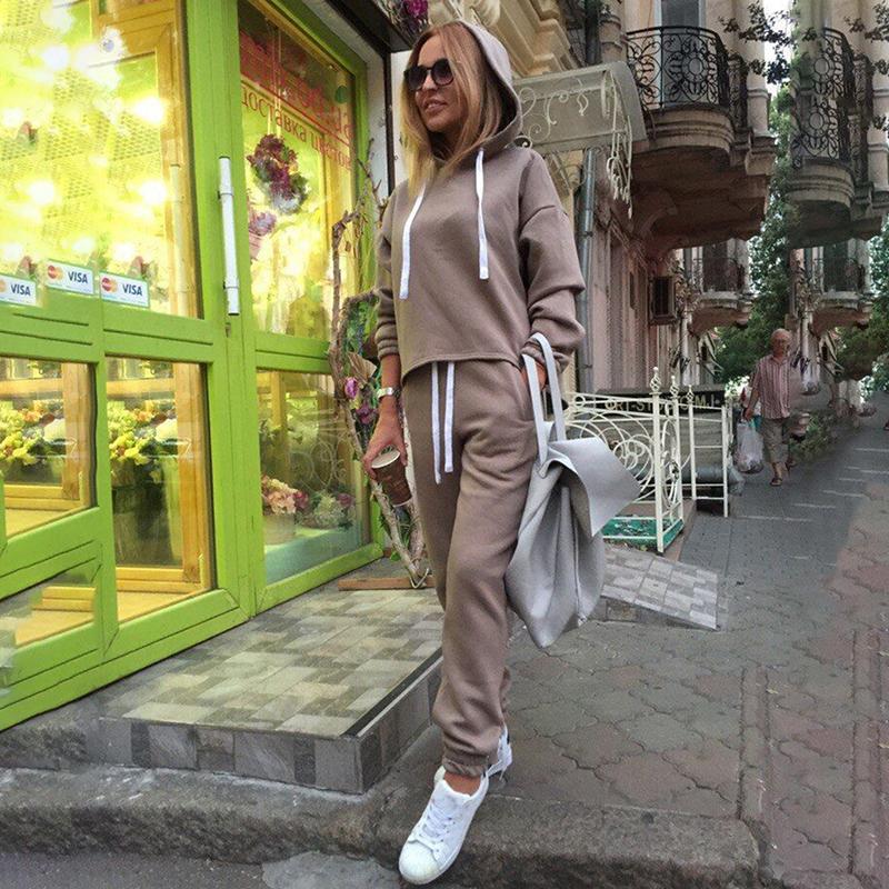 Изображение товара: 2 piece sets New fashion Casual suits autumn hooded pullover fleece & loose pants two-piece set women solid hoodies + trousers