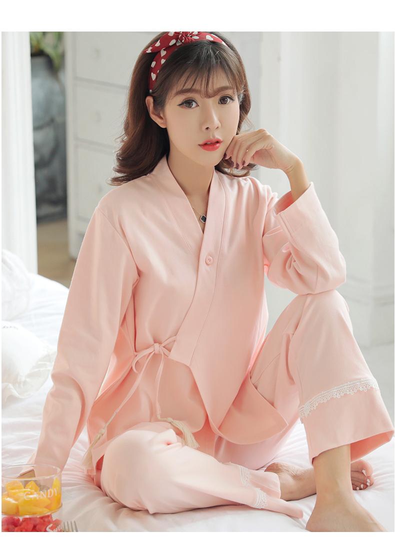 Изображение товара: Осенний пижамный комплект в стиле кимоно с длинным рукавом для женщин Высококачественная Хлопковая женская домашняя одежда однотонная простая одежда для сна для девочек