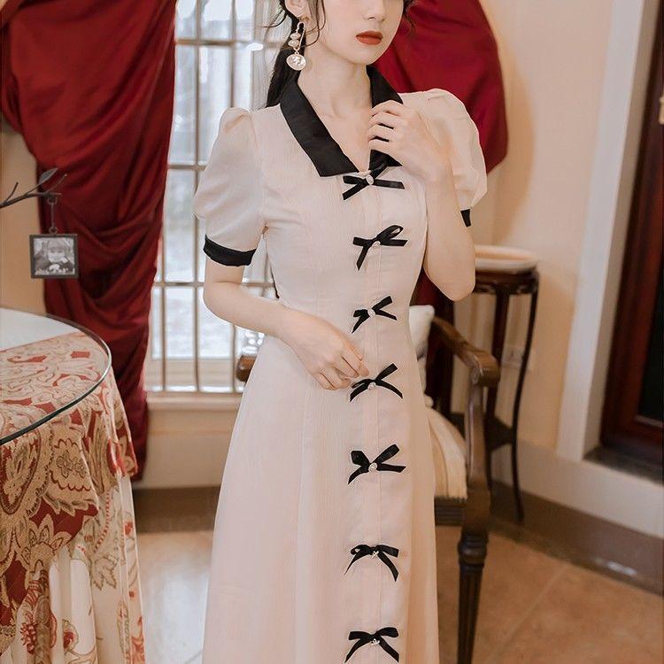 Изображение товара: Весенне-осеннее теплое женское модное Повседневное платье VOOCIEC, литературное шифоновое платье средней длины в стиле ретро с галстуком-бабочкой и бантом, A-l