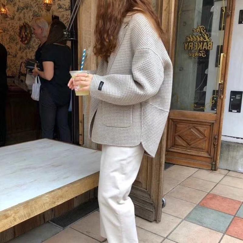 Изображение товара: Женское Короткое шерстяное пальто в клетку 2021, свободная повседневная Уличная одежда из твида, женский шерстяной Блейзер, куртка