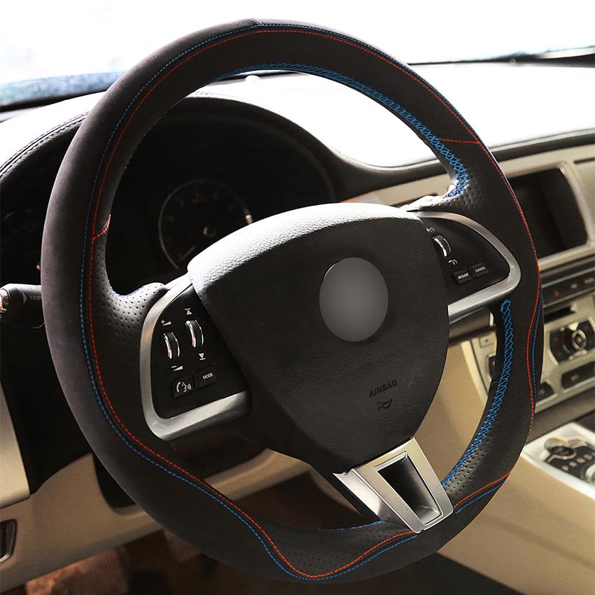 Изображение товара: Ручная работа черная замша натуральная кожа Противоскользящий чехол рулевого колеса автомобиля для Jaguar XF S XF Sportbrake 2014 2015