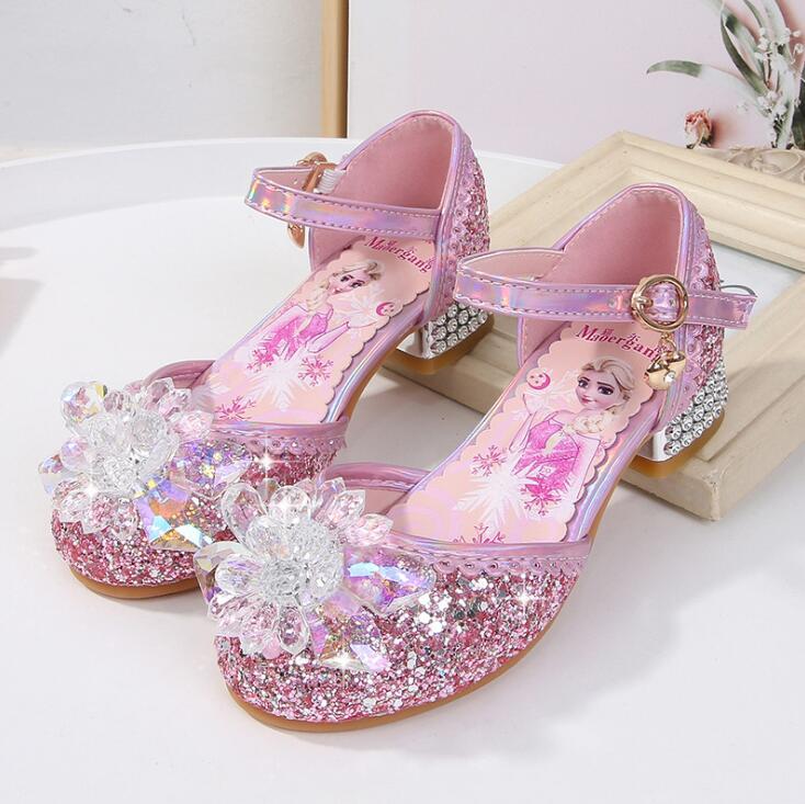 Изображение товара: Сандалии для девочек; Розовые танцевальные туфли со стразами; Детская летняя обувь принцессы на высоком каблуке; Детские сандалии «Холодное сердце»; Обувь для выступлений для девочек