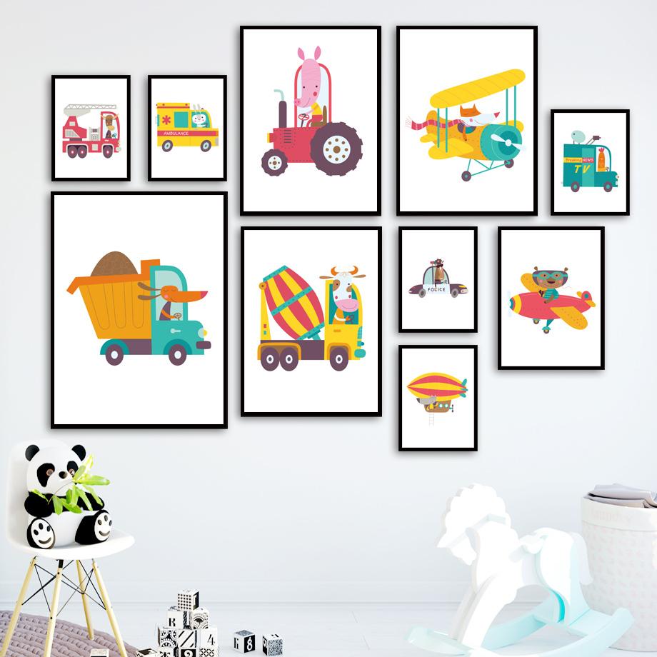 Изображение товара: Детские животные, водительский автомобиль, корова, медведь, лиса, настенная живопись, холст, скандинавские постеры и принты, настенные фотографии, для маленьких мальчиков, декор для детской комнаты