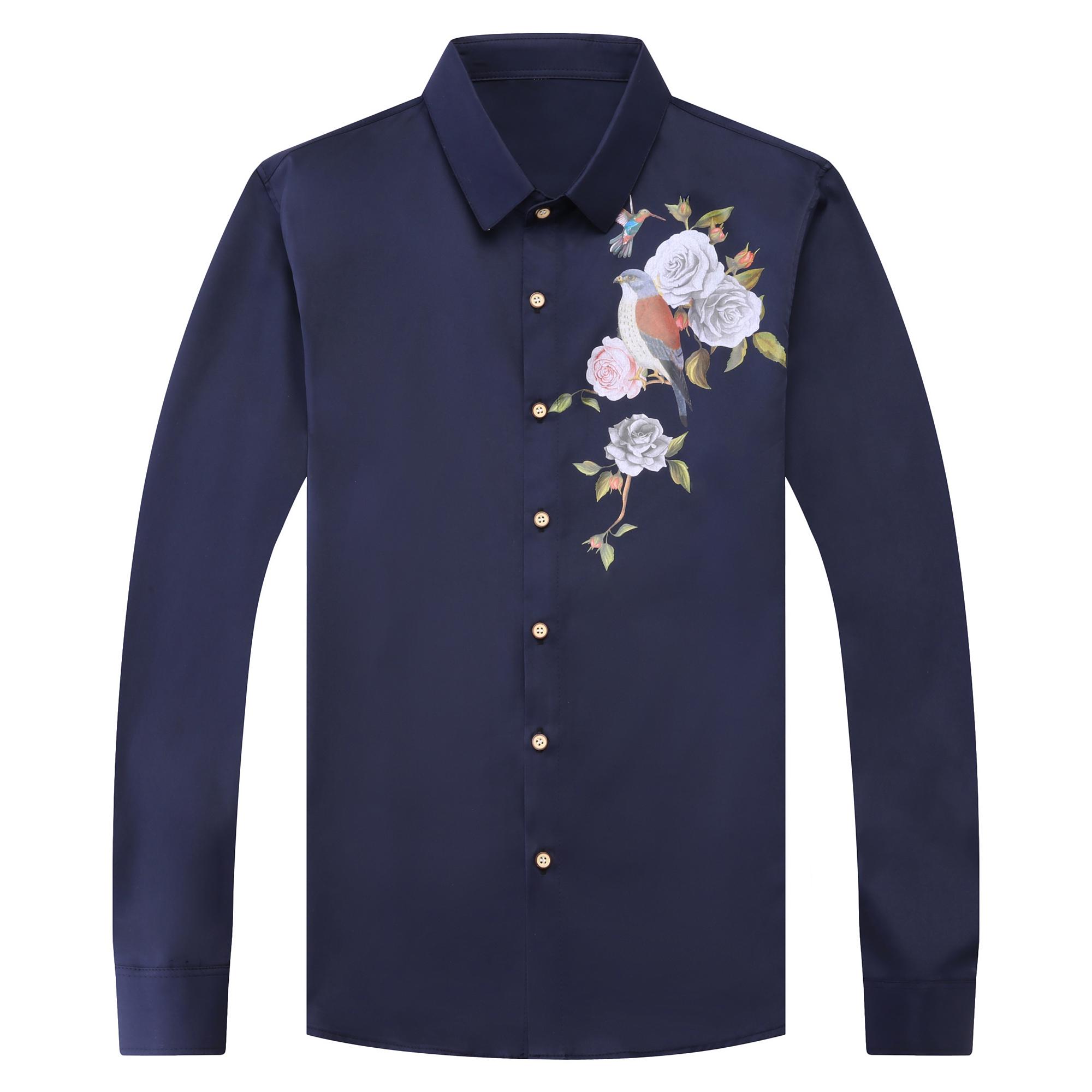 Изображение товара: Рубашка мужская с цветочным принтом, повседневная с длинным рукавом, с цифровым принтом, с птицами, в Корейском стиле, для отдыха