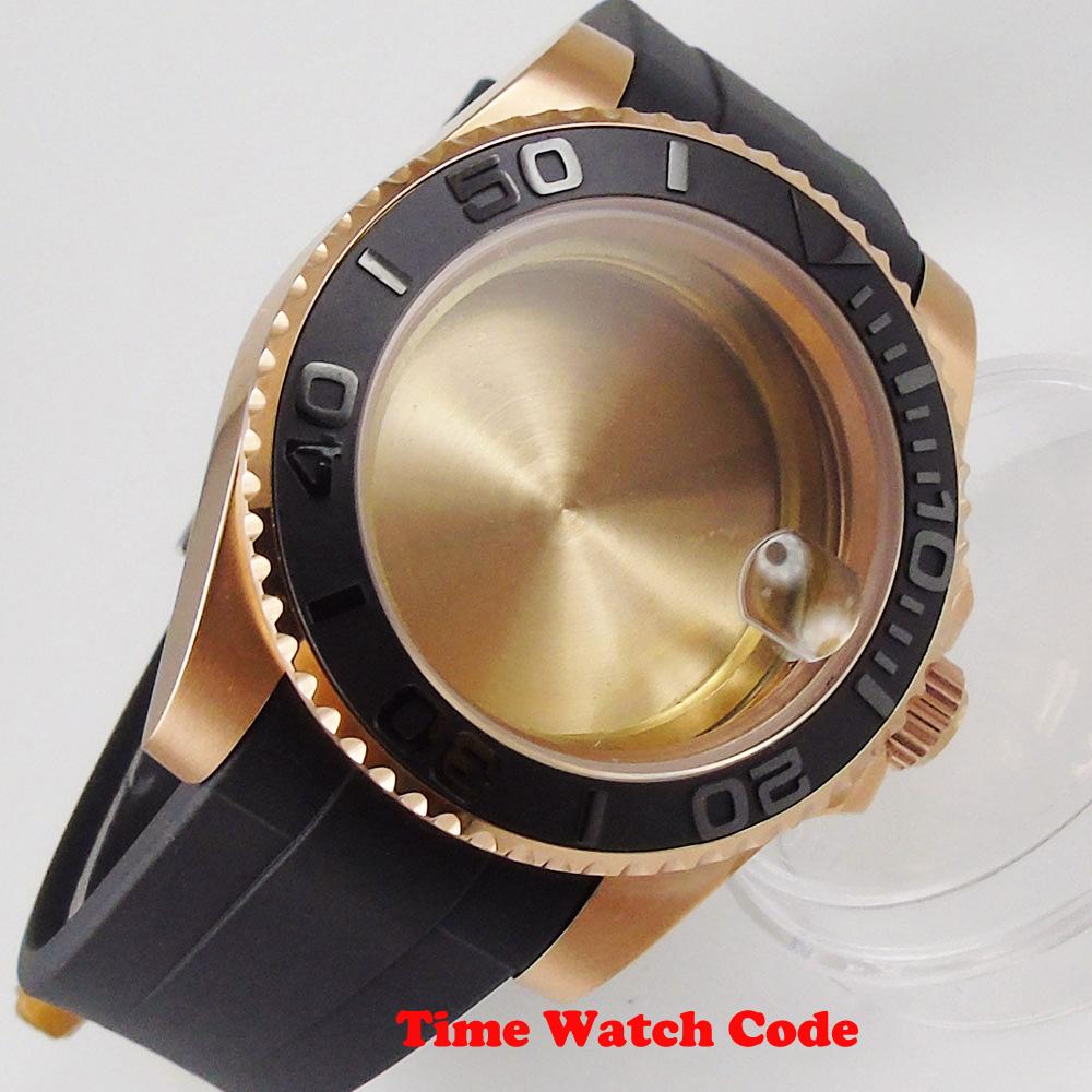 Изображение товара: 40mm men's Wristwatch Case parts with rubber strap fit for ETA 2836 Miyota 8215 golden sapphire glass date window ceramic bezel