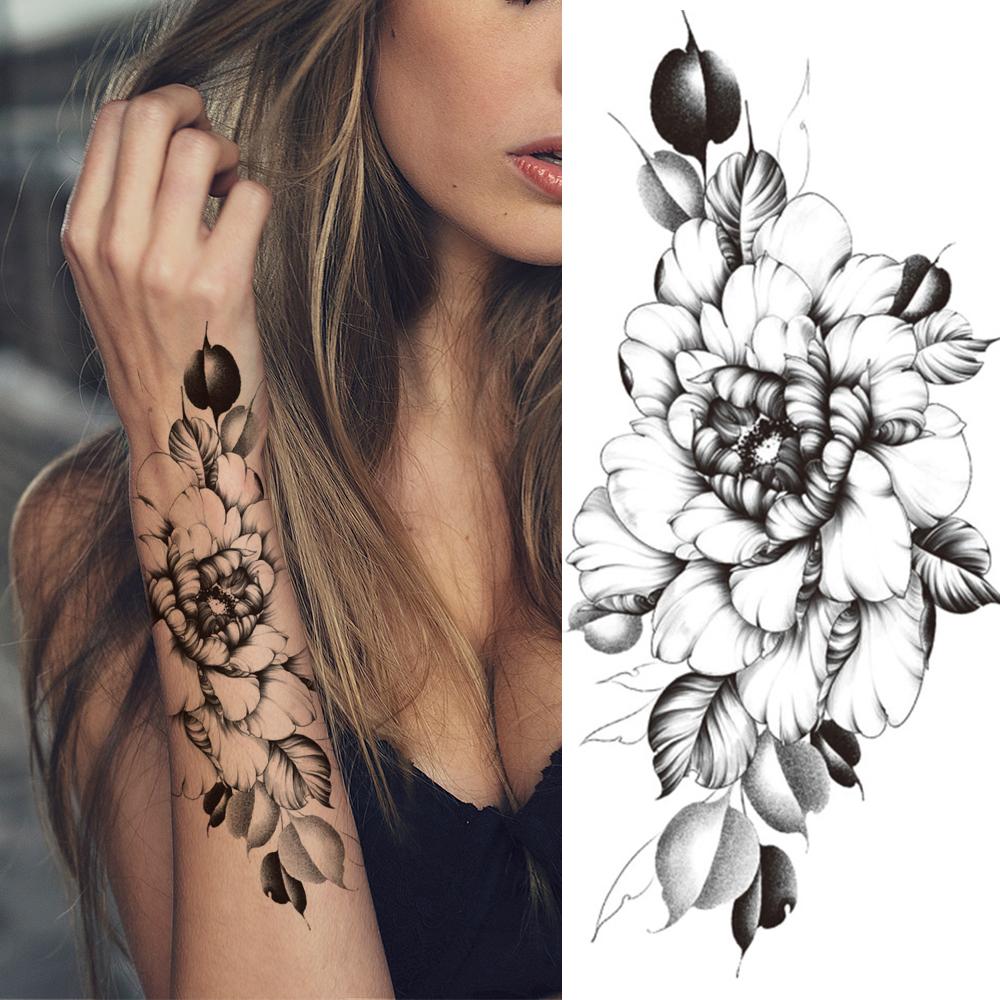 Изображение товара: Треугольник, Реалистичная большая роза, искусственная татуировка, наклейка для женщин и девушек, Далия, пион, Временные татуировки, сделай сам, черная татуировка для праздника