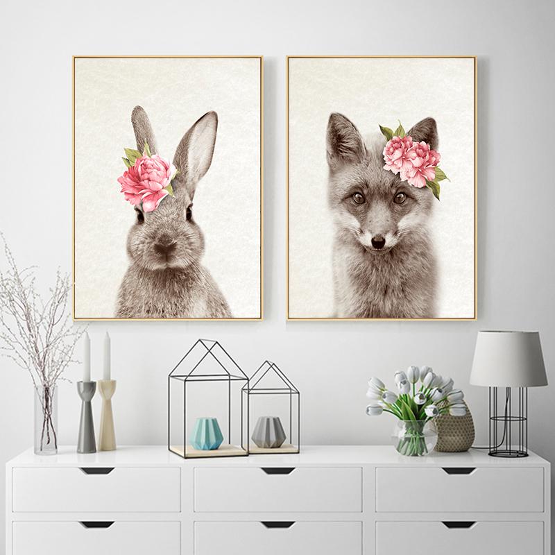 Изображение товара: Цветы с рисунком лисы, с оленем, кролик настенные картины лесных животных холст плакат для детской печать минималистский картина для детской комнаты, Декор