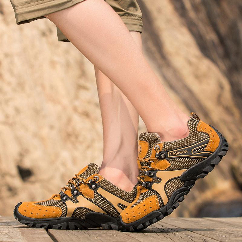 Изображение товара: Походные ботинки для мужчин, Водонепроницаемая дышащая желтая эластичная кожа, для прогулок, пляжа, скалолазания, треккинговые ботинки, летние