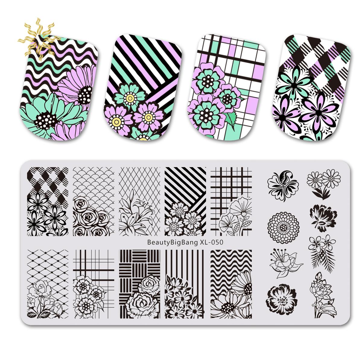 Изображение товара: Прямоугольные пластины BEAUTYBIGBANG для стемпинга ногтей, геометрический рисунок в клетку, цветок, строчка, фотошаблон для ногтей