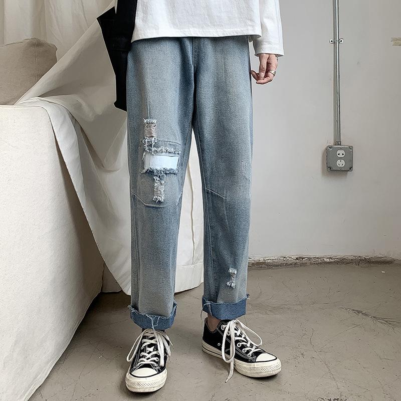 Изображение товара: Новые модные мужские джинсы для подростков, удобные облегающие брюки в Корейском стиле с низкой посадкой, прямые мужские джинсы-шаровары для студентов