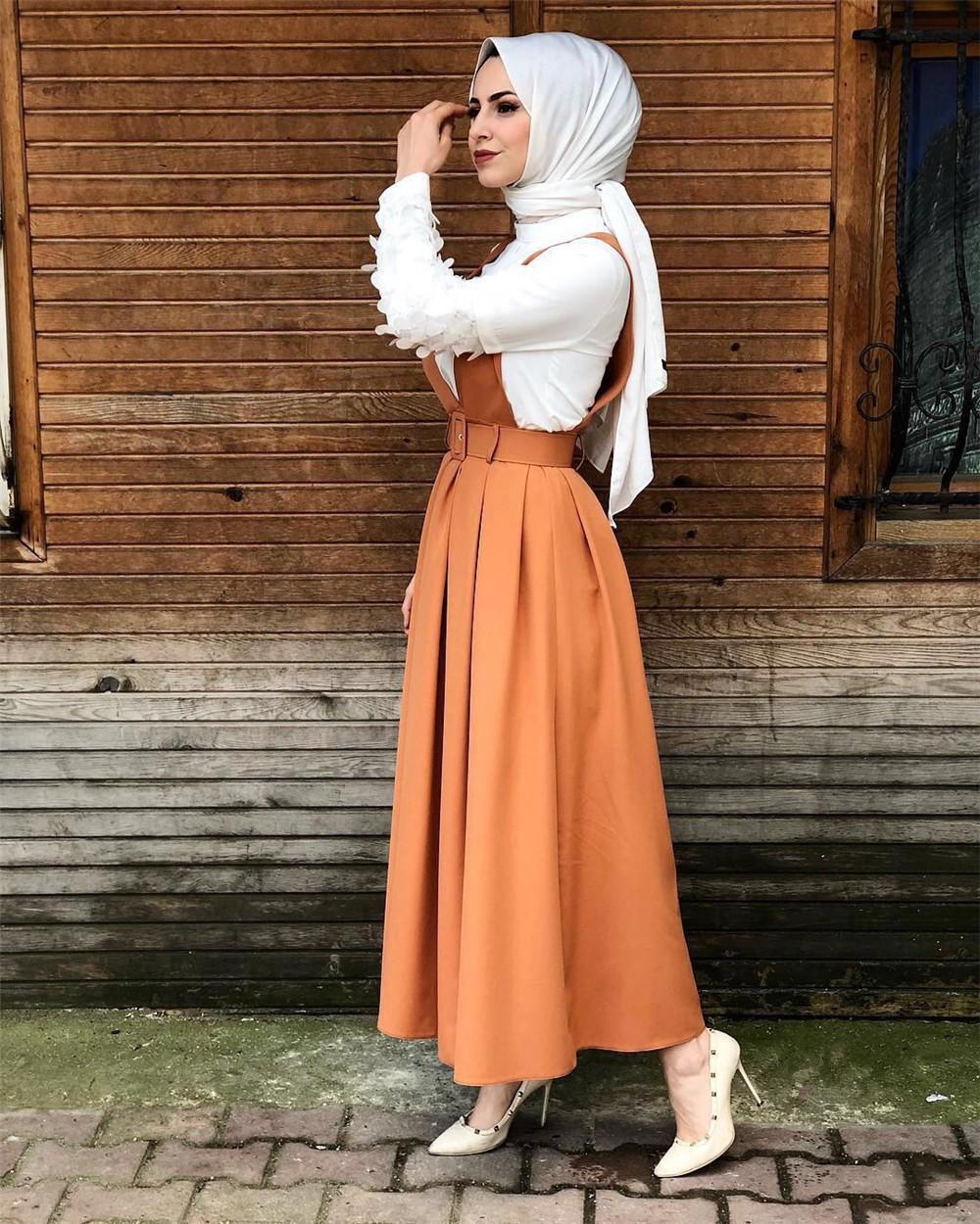 Изображение товара: Юбка-трапеция женская с завышенной талией, мусульманский комбинезон с двумя бретелями, приталенная плиссированная макси юбка на подтяжках, Исламская одежда