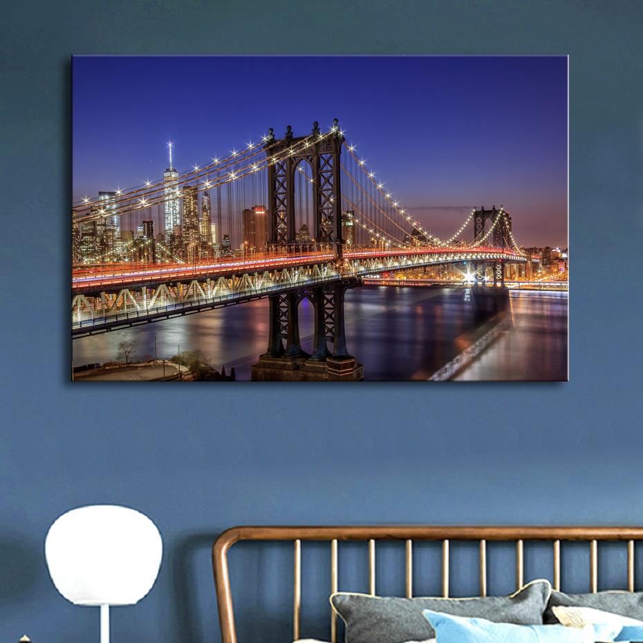 Изображение товара: Картина на холсте с изображением ночного пейзажа Нью-Йорка, Манхэттенского моста, Настенная картина для гостиной