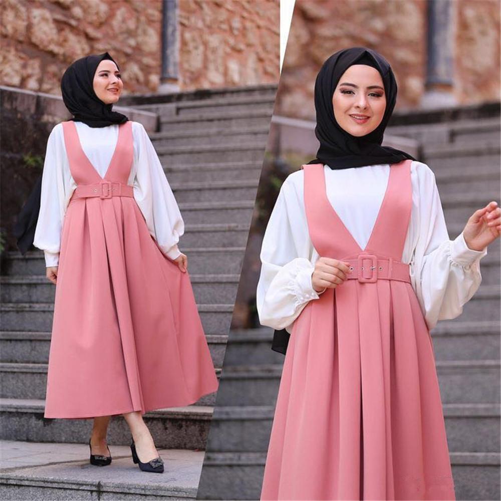 Изображение товара: Юбка-трапеция женская с завышенной талией, мусульманский комбинезон с двумя бретелями, приталенная плиссированная макси юбка на подтяжках, Исламская одежда