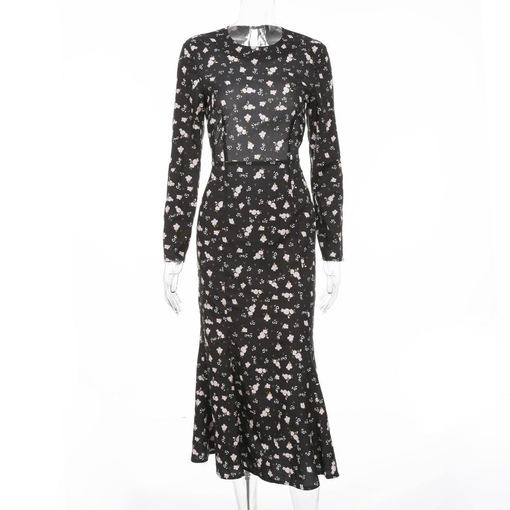 Изображение товара: Женское сексуальное платье с цветочным принтом и открытой спиной, модное платье с длинным рукавом для женщин, женские вечерние платья с лямкой на шее, Клубная одежда 2020