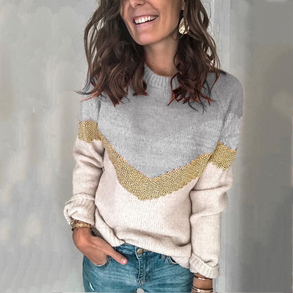 Изображение товара: Женский осенний свитер контрастных цветов, пуловер, топ, вязаный свитер с длинным рукавом, женские вязаные Джемперы 2020