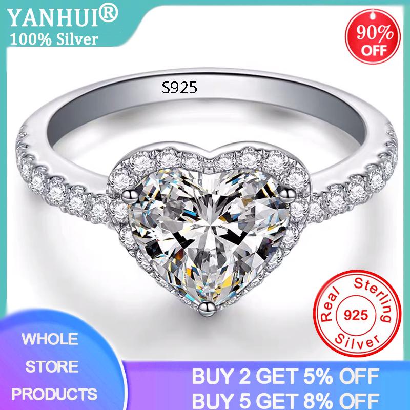 Изображение товара: YANHUI вечная классика в форме сердца 925 пробы Серебряные кольца для Для женщин прозрачный кубический циркон кольцо женский Обручение палец кольцо подарок