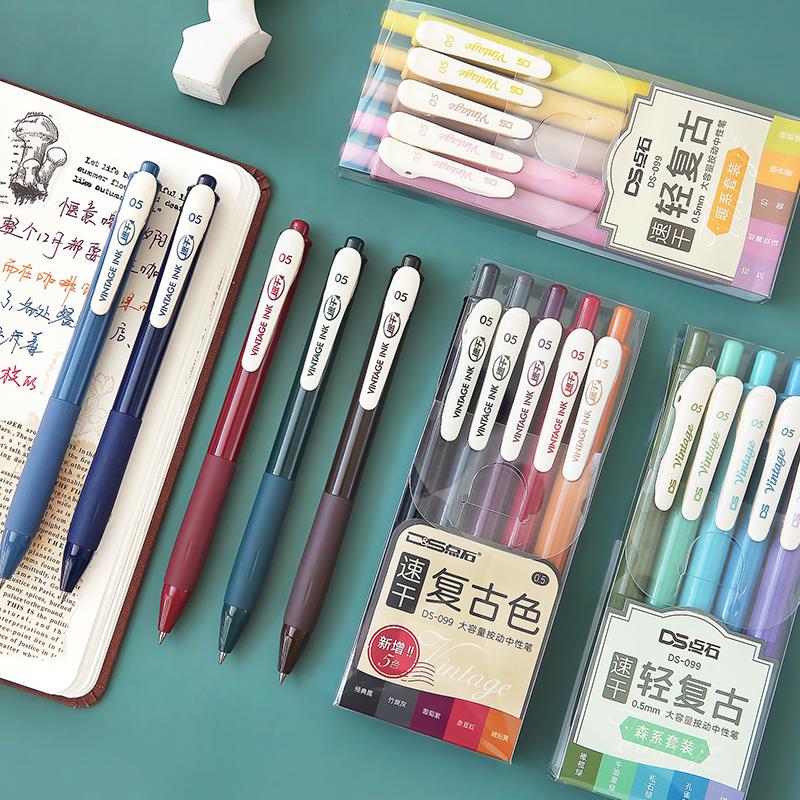 Изображение товара: Выдвижные цветные гелевые ручки в стиле ретро, 5 цветов, Быстросохнущие чернила, 0,5 мм, винтажная ручка для письма, рисования, школьные и офисные канцелярские принадлежности
