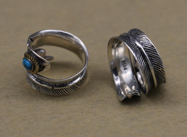 Изображение товара: Женское серебряное перо бирюзовое кольцо на палец в стиле ретро винтажное мужское кольцо с открытым концом ювелирные изделия