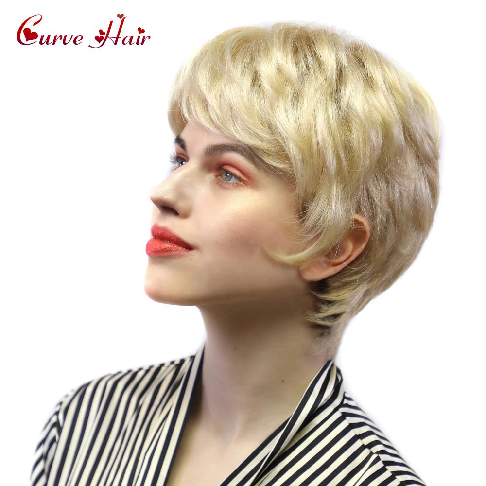 Изображение товара: Женский парик, модный блонд, женский короткий парик с челкой, синтетические волосы, без шнуровки спереди, ручная работа, натуральный вид, женские парики