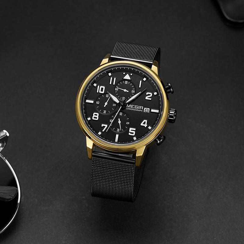 Изображение товара: Мужские кварцевые часы MEGIR, черные, деловые, с сетчатым ремешком из нержавеющей стали, 2020