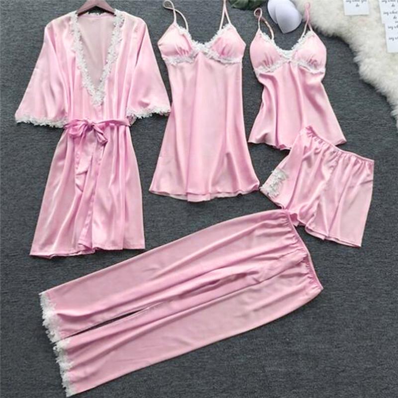 Изображение товара: Женская атласная пижама 2020, пижамы из 5 предметов, Сексуальная кружевная Пижама, Пижама для сна, шелковая ночная Домашняя одежда, Пижамный костюм