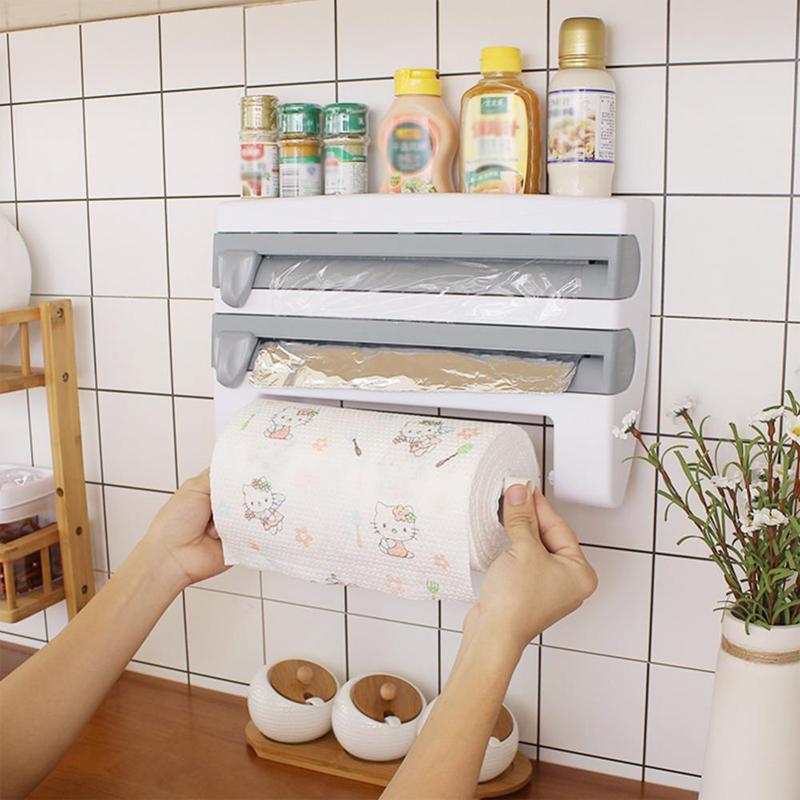 Изображение товара: Новая Пластиковая полка для хранения пищевой пленки в холодильнике, настенный подвесной держатель для бумажных полотенец, кухонные аксессуары для хранения