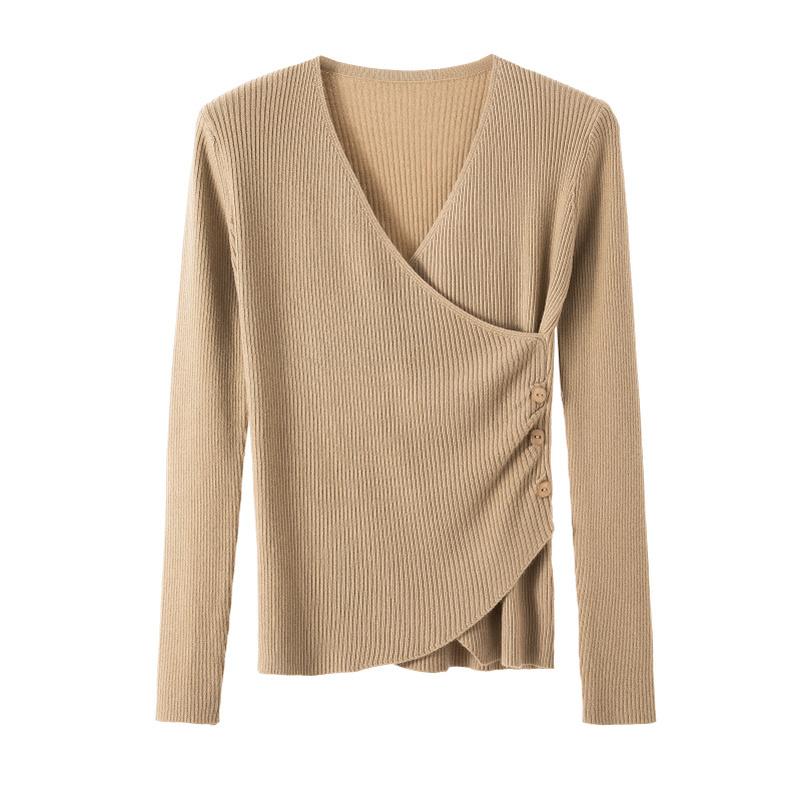 Изображение товара: 2021 новый модный кашемировый пуловер, Женский облегающий свитер с перекрестным V-образным вырезом, женская трикотажная одежда, однотонный шикарный топ с длинным рукавом 11799