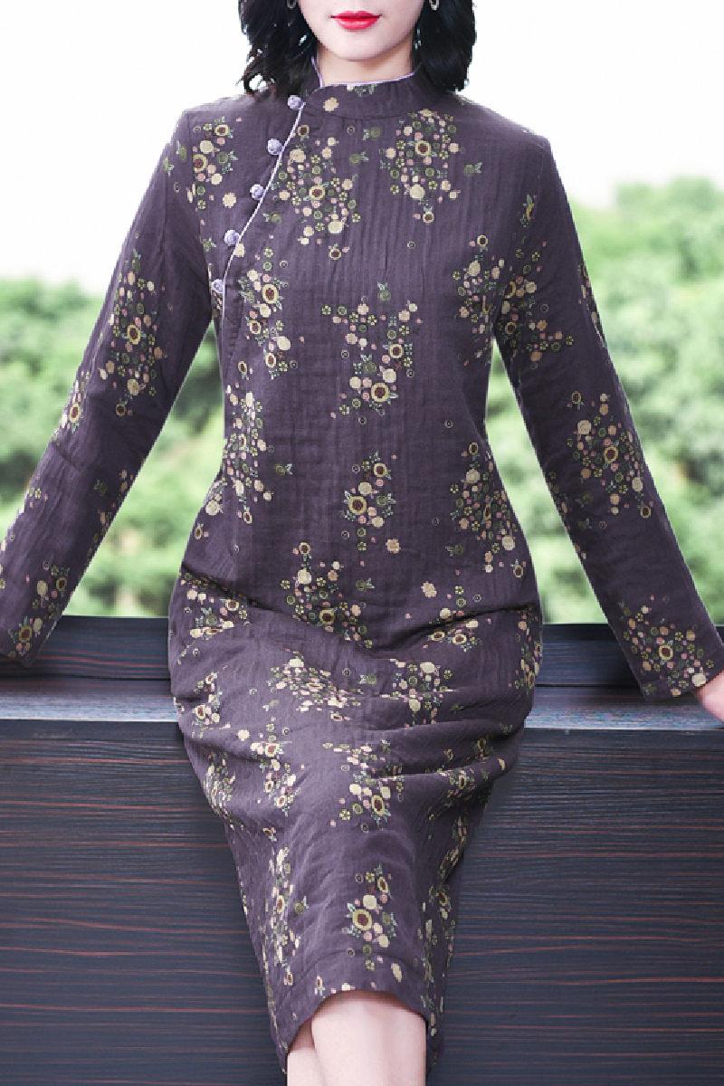 Изображение товара: Осенне-зимнее бархатное платье-миди из хлопка и льна в ретро-стиле, улучшенное платье-Ципао в этническом стиле, женское свободное плотное платье с цветочным узором y379