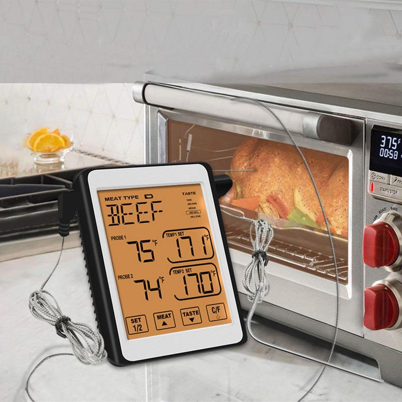 Изображение товара: Умный термометр для барбекю, цифровой термометр для духовки с сенсорным экраном для приготовления пищи, коптильня для мяса, с двумя зондами из нержавеющей стали