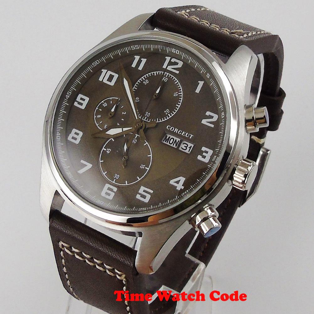 Изображение товара: Corgeut 42 мм кварцевые мужские наручные часы с хронографом, секундомером, отображением даты недели, кожаным ремешком, кофейным циферблатом, календарем