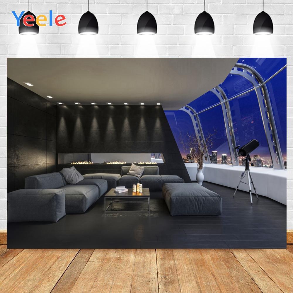 Изображение товара: Фон для фотосъемки Yeele, с изображением черного дома, серого дивана, французского окна, голубого ночного неба