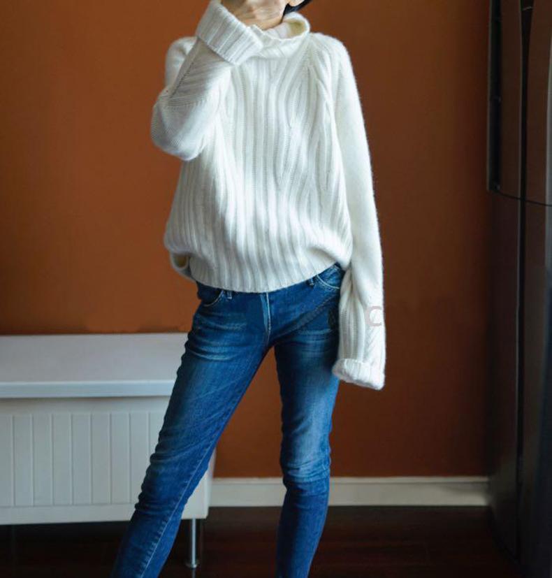 Изображение товара: 100% кашемир и шерсть 2020 новый плотный кашемировый свитер женский свободный пуловер с высоким воротником в Корейском стиле теплый