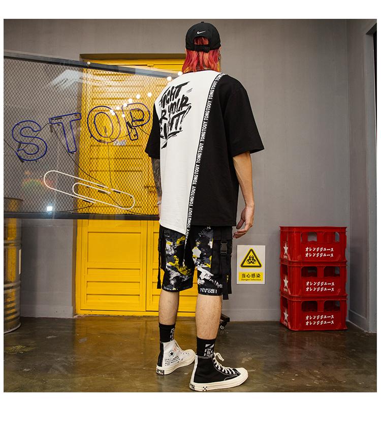 Изображение товара: Футболка мужская свободного покроя в стиле хип-хоп, ассиметричная рубашка в стиле пэчворк с короткими рукавами, с принтом черных и красных букв, на лето
