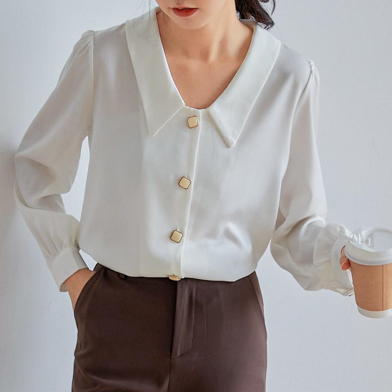 Изображение товара: COIGARSAM винтажная длинная рубашка женские топы шифоновые с пышными рукавами воротник Питер Пэн женские рубашки белый желтый 6057