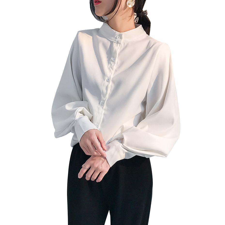Изображение товара: Женская элегантная блузка с рукавом-фонариком, белая Повседневная винтажная рубашка с отложным воротником, Офисная Женская рубашка