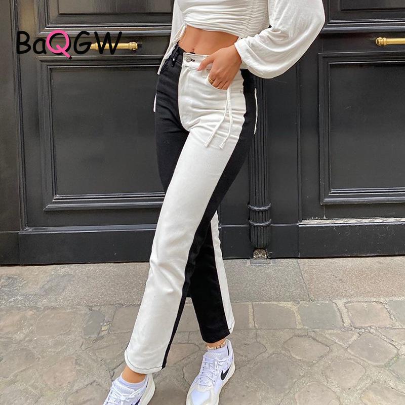Изображение товара: BaQGW Black White Sportpants Autum Streetwear Contrast Color Denim Cargo Pants for Women Loose Hight Waist Jeans Jogging Trouser