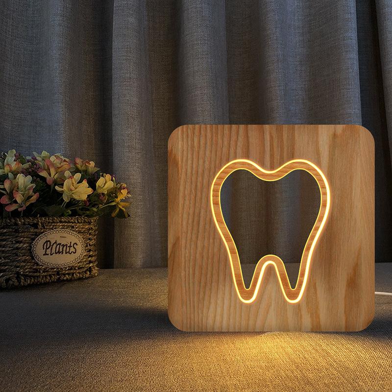 Изображение товара: Деревянная настольная 3d лампа в форме зуба, креативный домашний декор, подарок для детей, теплый белый свет, USB-ночсветильник, Прямая поставка