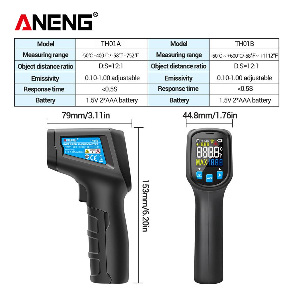 Изображение товара: ANENG TH01B высокоточный цветной цифровой дисплей с подсветкой портативный тестер температуры цифровой инфракрасный термометр инфракрасный лазерный датчик пистолет бесконтактный термометр -50 ~ 600C метр пирометр